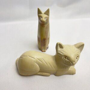 Hand-Carved Vintage Kitty Cat Soapstone Sculptures Stone Feline Figurines 2pcs.